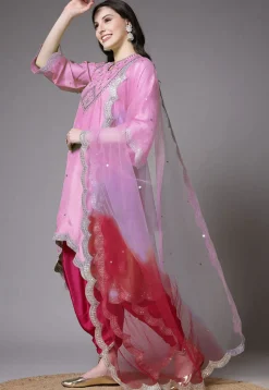 Embroidered Shantoon Scalloped Punjabi Suit in Pink