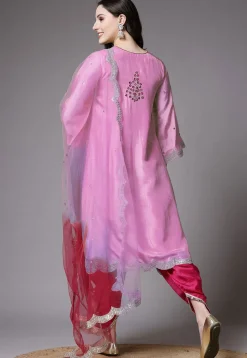 Embroidered Shantoon Scalloped Punjabi Suit in Pink