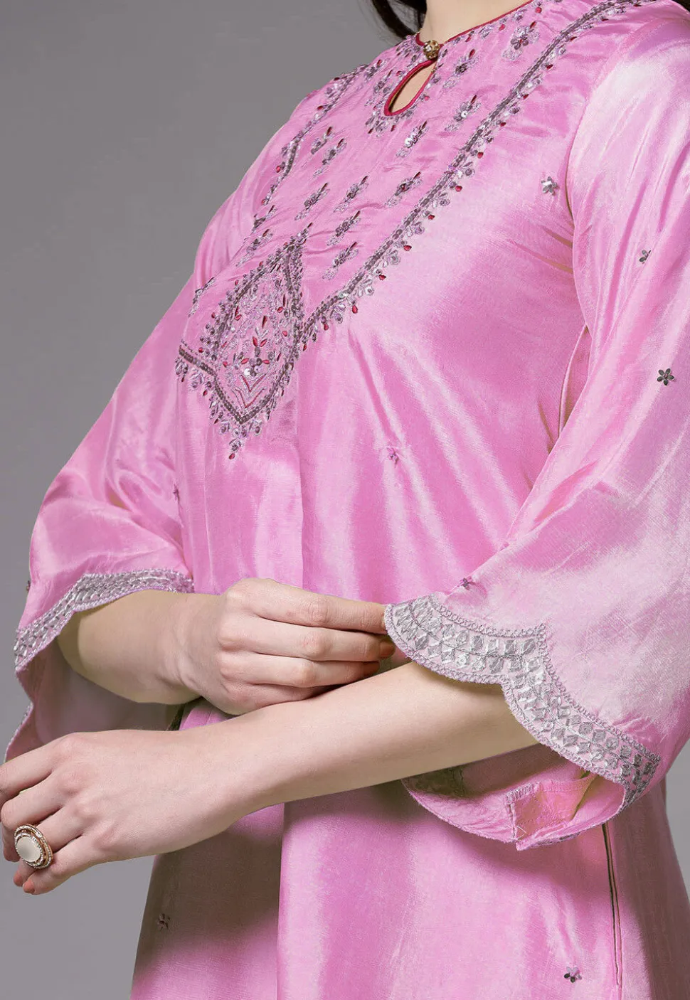 Embroidered Shantoon Scalloped Punjabi Suit in Pink