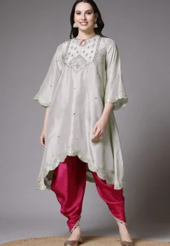 Embroidered Shantoon Scalloped Punjabi Suit in Grey