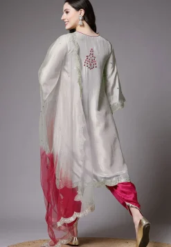 Embroidered Shantoon Scalloped Punjabi Suit in Grey