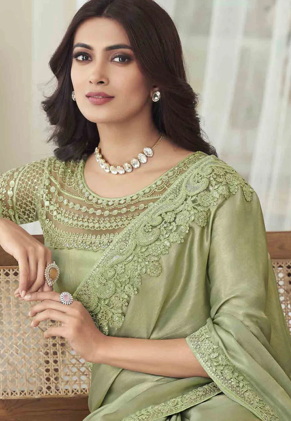 Embroidered Shimmer Georgette Saree in Olive Green