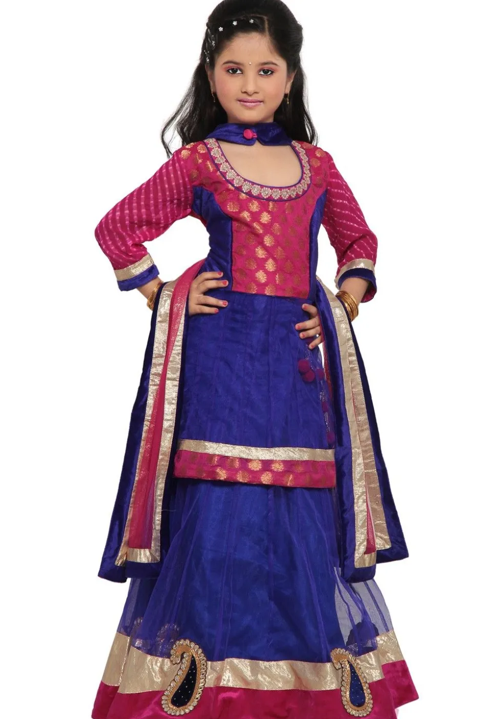 Embroidered Shimmer Net Lehenga Set in Royal Blue