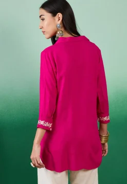 Embroidered Sleeve Cotton Slub High Low Tunic in Magenta