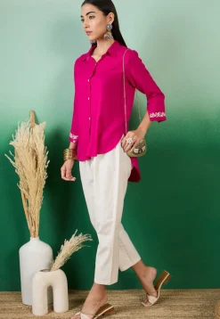 Embroidered Sleeve Cotton Slub High Low Tunic in Magenta