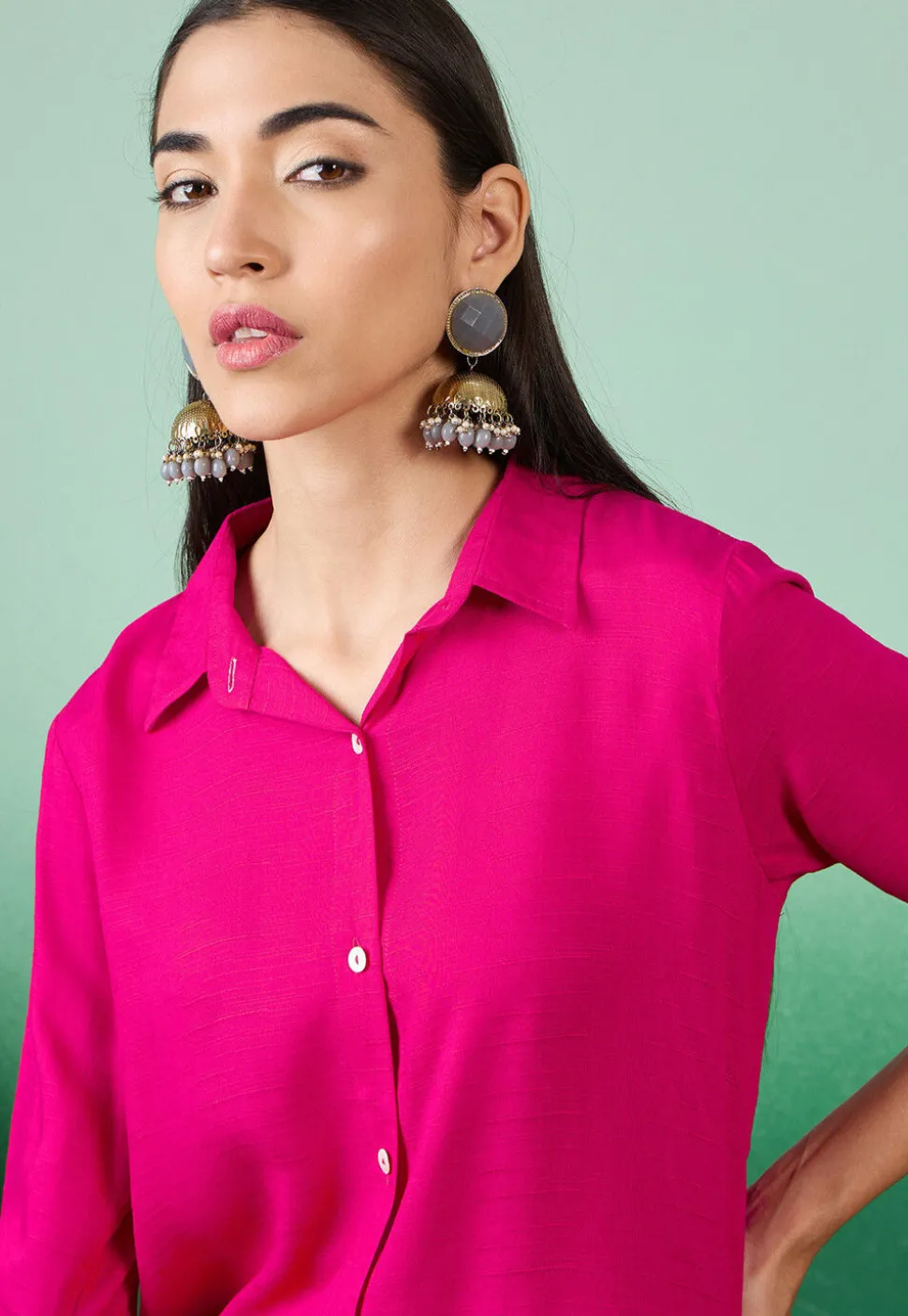 Embroidered Sleeve Cotton Slub High Low Tunic in Magenta