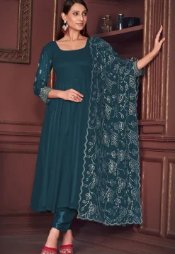 Embroidered Sleeve Georgette Anarkali Suit in Teal Blue