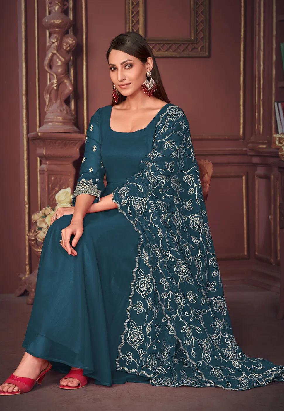 Embroidered Sleeve Georgette Anarkali Suit in Teal Blue