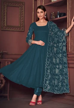 Embroidered Sleeve Georgette Anarkali Suit in Teal Blue
