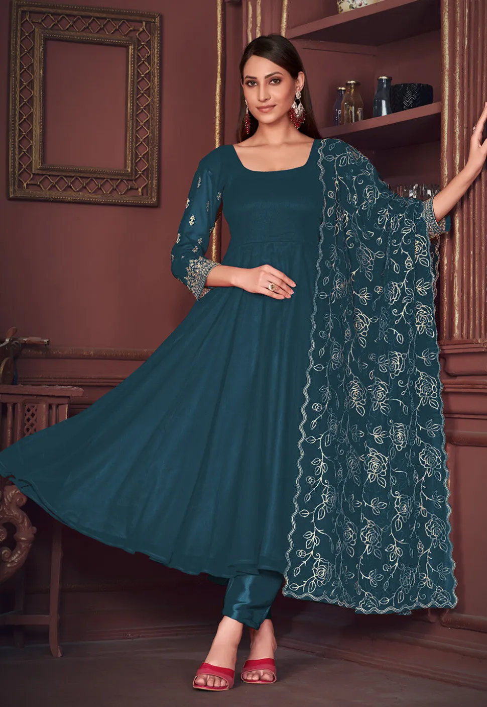 Embroidered Sleeve Georgette Anarkali Suit in Teal Blue