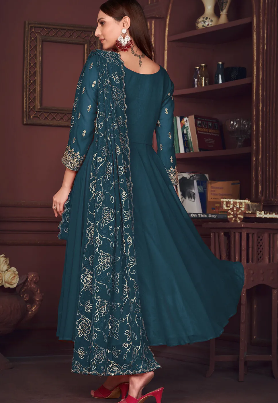 Embroidered Sleeve Georgette Anarkali Suit in Teal Blue