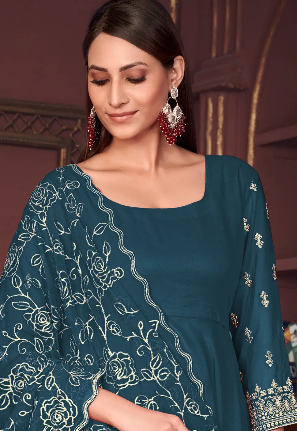 Embroidered Sleeve Georgette Anarkali Suit in Teal Blue