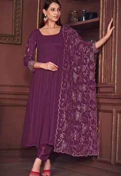 Embroidered Sleeve Georgette Anarkali Suit in Purple