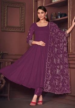 Embroidered Sleeve Georgette Anarkali Suit in Purple