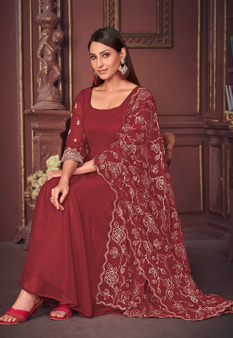 Embroidered Sleeve Georgette Anarkali Suit in Maroon