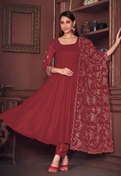 Embroidered Sleeve Georgette Anarkali Suit in Maroon