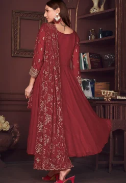 Embroidered Sleeve Georgette Anarkali Suit in Maroon