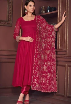 Embroidered Sleeve Georgette Anarkali Suit in Pink