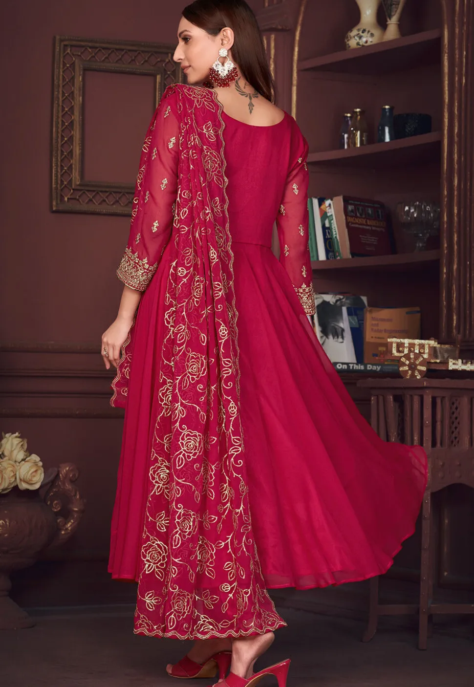 Embroidered Sleeve Georgette Anarkali Suit in Pink