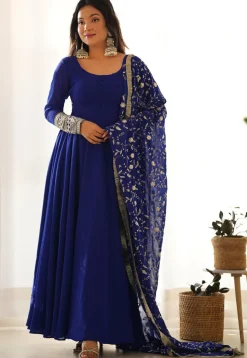 Embroidered Sleeve Georgette Abaya Style Suit in Royal Blue