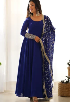 Embroidered Sleeve Georgette Abaya Style Suit in Royal Blue