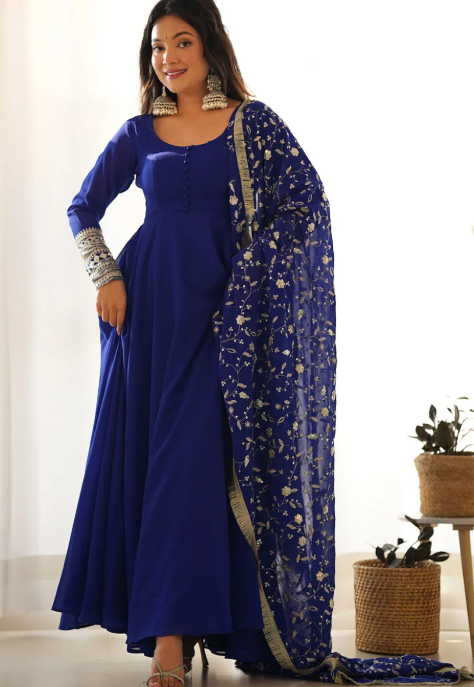Embroidered Sleeve Georgette Abaya Style Suit in Royal Blue