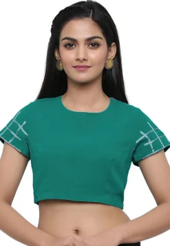 Embroidered Sleeve Georgette Blouse in Teal Green