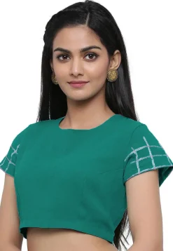 Embroidered Sleeve Georgette Blouse in Teal Green