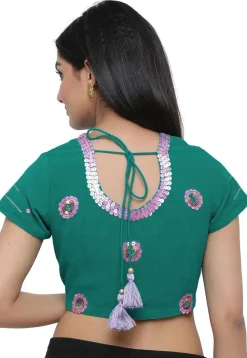 Embroidered Sleeve Georgette Blouse in Teal Green
