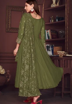 Embroidered Sleeve Georgette Anarkali Suit in Olive Green