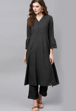 Embroidered Sleeve Rayon A Line Kurta in Black