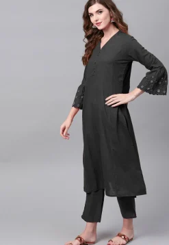 Embroidered Sleeve Rayon A Line Kurta in Black