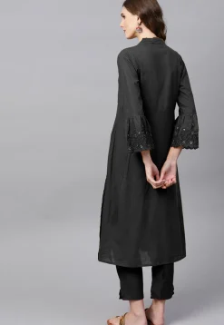 Embroidered Sleeve Rayon A Line Kurta in Black