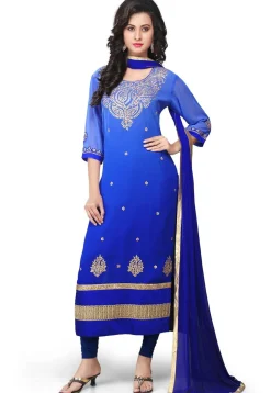 Embroidered Straight Cut Suit in Shaded Blue