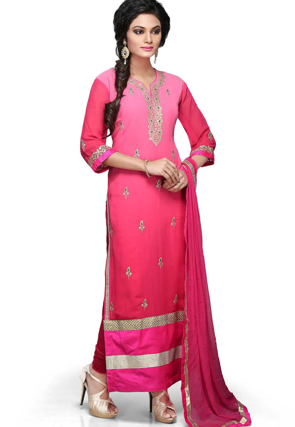 Embroidered Straight Cut Suit In Shaded Pink