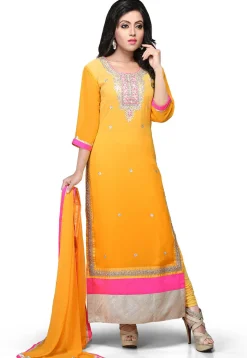 Embroidered Straight Cut Georgette Suit In Mustard