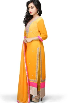 Embroidered Straight Cut Georgette Suit In Mustard