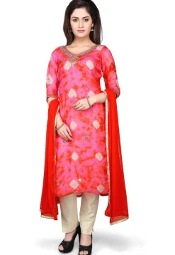 Embroidered Straight Cut Pure Kota Silk Suit in Red and Pink