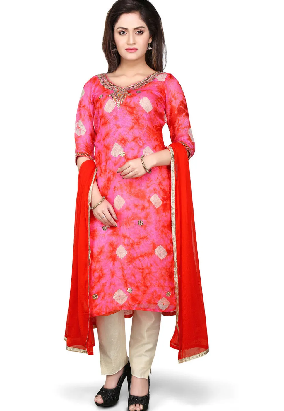 Embroidered Straight Cut Pure Kota Silk Suit in Red and Pink
