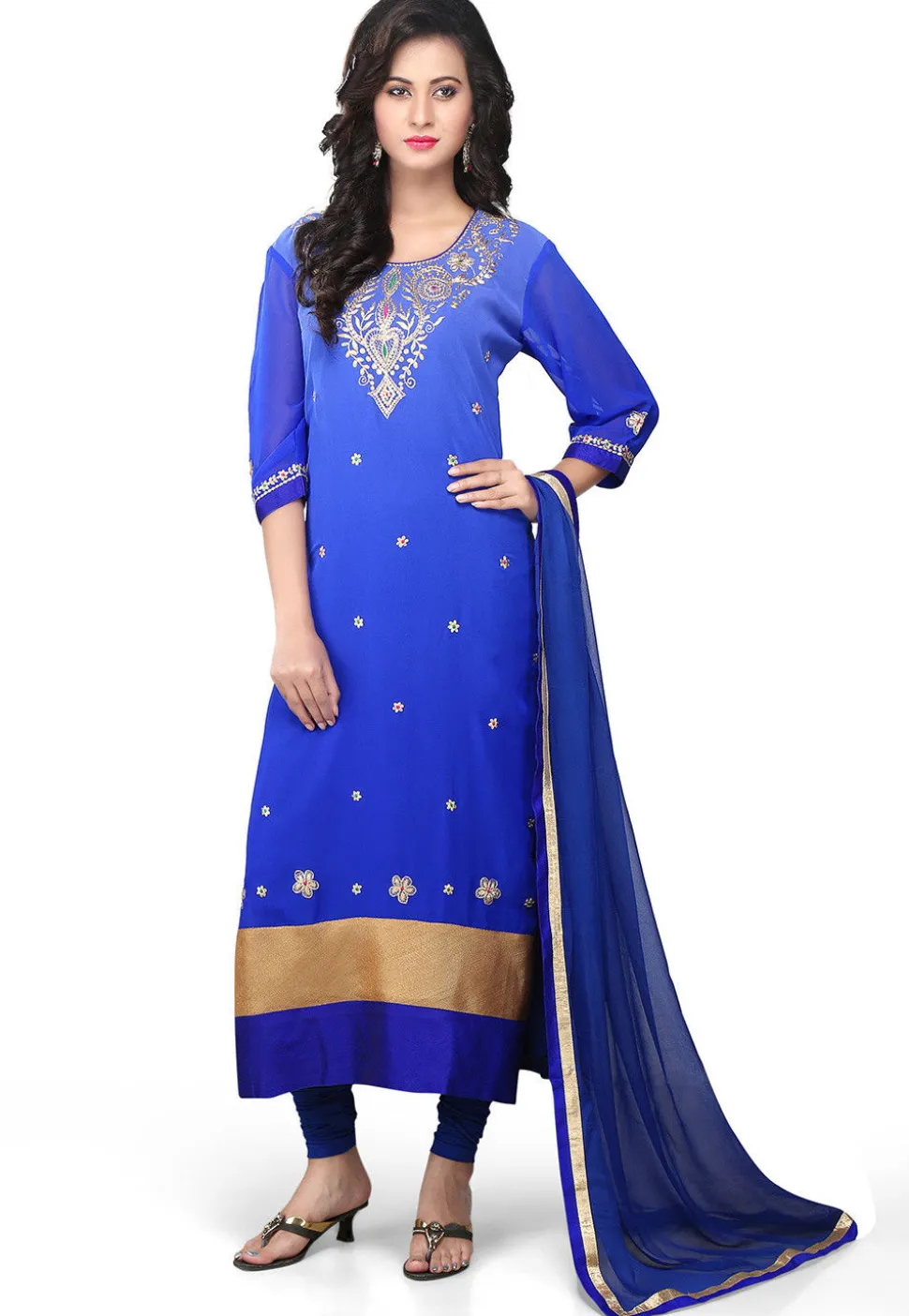 Embroidered Straight Cut Suit in Shaded Blue