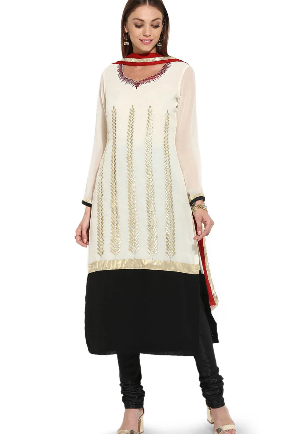 Embroidered Straight Cut Georgette Suit in Off White and Black