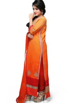 Embroidered Straight Cut Suit In Shaded Orange