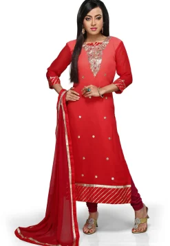 Embroidered Straight Cut Suit in Shaded Red
