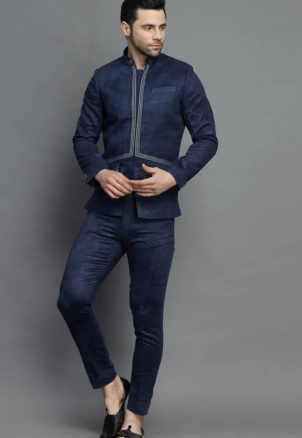 Embroidered Suede Bandhgala in Navy Blue