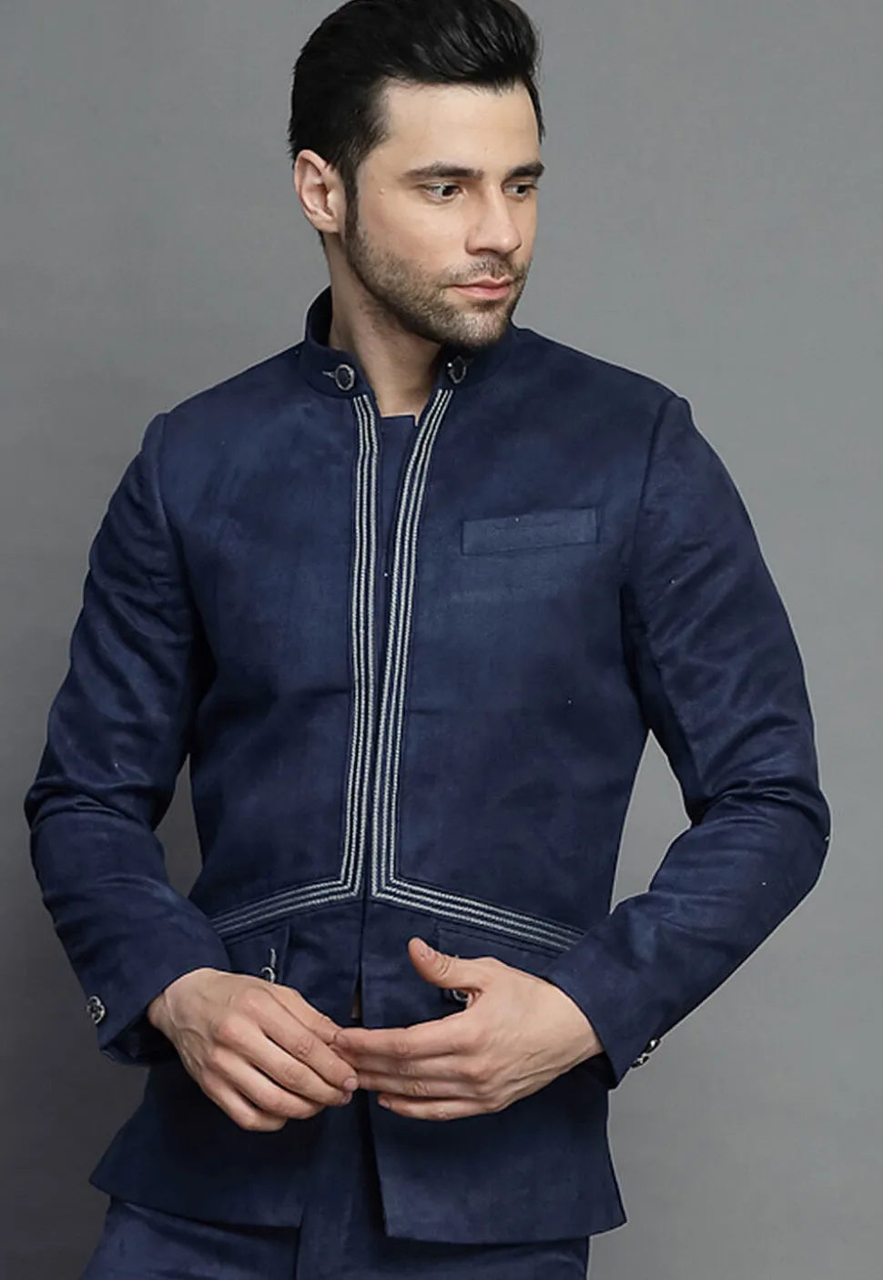 Embroidered Suede Bandhgala in Navy Blue
