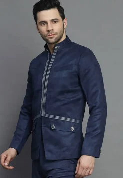 Embroidered Suede Bandhgala in Navy Blue