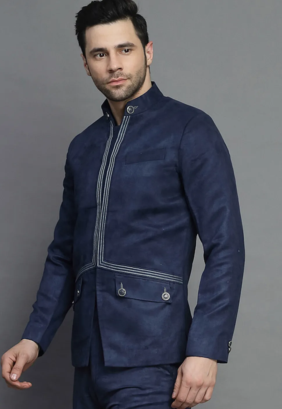 Embroidered Suede Bandhgala in Navy Blue