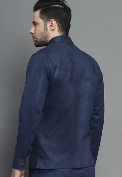 Embroidered Suede Bandhgala in Navy Blue