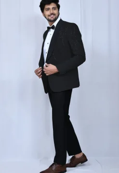 Embroidered Suede Blazer Set in Black