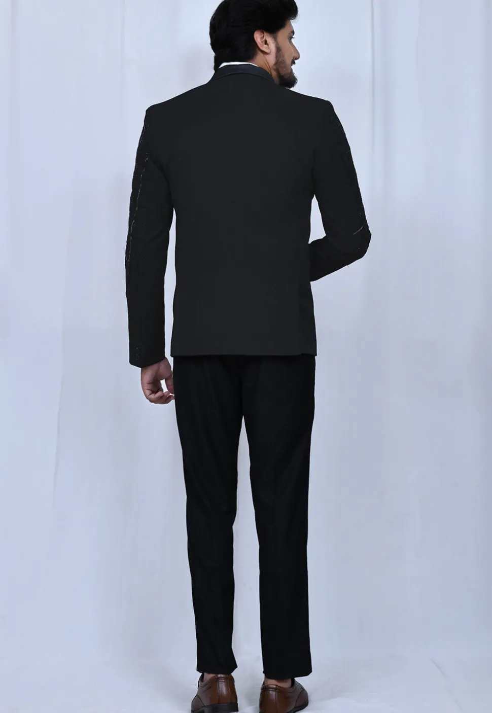 Embroidered Suede Blazer Set in Black